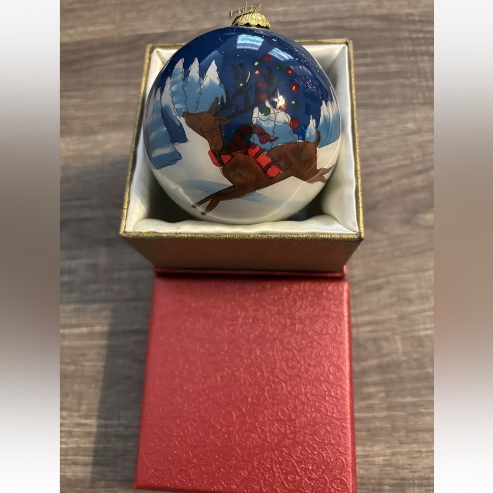 Pier 1 Imports Li Bien 2018 Christmas Ornament Hand Painted Reindeer Snow Scene